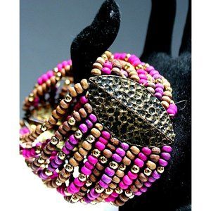 Purple Pink Wood Seed Bead Bracelet Boho Gold Brown Antique Gold Stretchable Fun